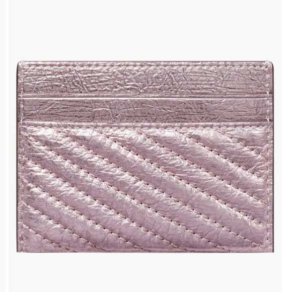 Tory Burch Leather Kira Moto Quilt Metallic Pave Logo Card Case Sparkle Pink - Picture 2 of 9
